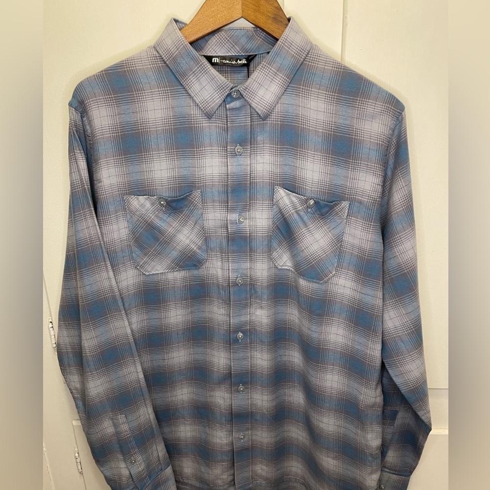 Travis Mathew Blue and Gray Plaid Casual Button Down Shirt